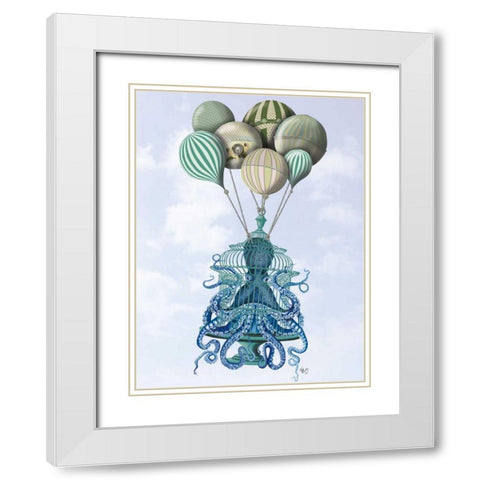Octopus Cage and Balloons White Modern Wood Framed Art Print with Double Matting by Fab Funky