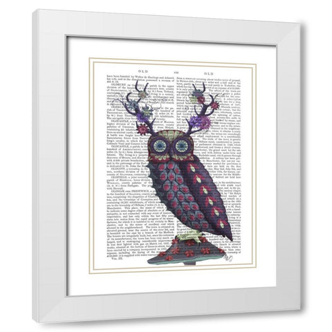Owl with Psychedelic Antlers White Modern Wood Framed Art Print with Double Matting by Fab Funky
