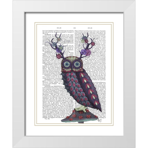 Owl with Psychedelic Antlers White Modern Wood Framed Art Print with Double Matting by Fab Funky