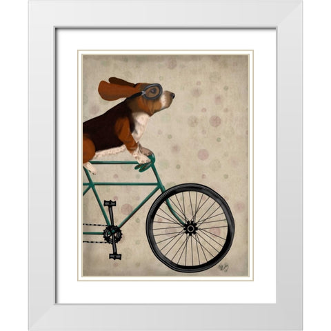 Basset Hound on Bicycle White Modern Wood Framed Art Print with Double Matting by Fab Funky