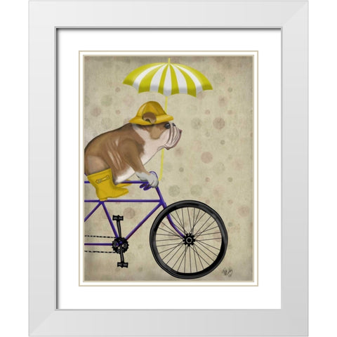 English Bulldog on Bicycle White Modern Wood Framed Art Print with Double Matting by Fab Funky