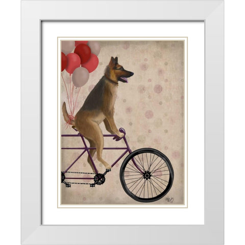 German Shepherd on Bicycle White Modern Wood Framed Art Print with Double Matting by Fab Funky