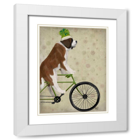 St Bernard on Bicycle White Modern Wood Framed Art Print with Double Matting by Fab Funky