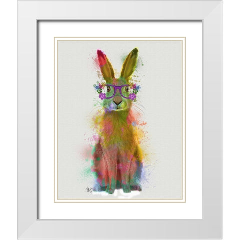 Rainbow Splash Rabbit 1 White Modern Wood Framed Art Print with Double Matting by Fab Funky