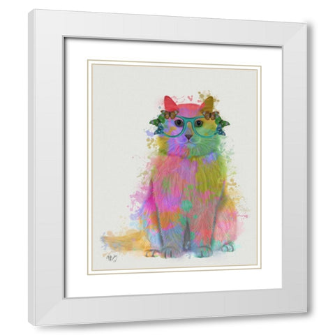 Rainbow Splash Cat 3, Full White Modern Wood Framed Art Print with Double Matting by Fab Funky