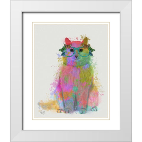 Rainbow Splash Cat 3, Full White Modern Wood Framed Art Print with Double Matting by Fab Funky
