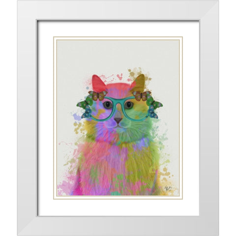 Rainbow Splash Cat 3, Portrait White Modern Wood Framed Art Print with Double Matting by Fab Funky