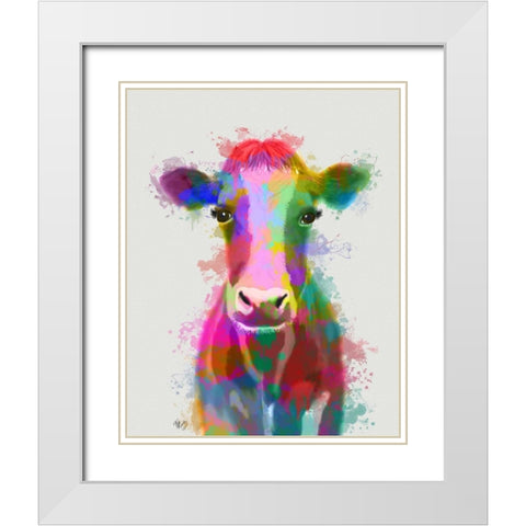 Rainbow Splash Cow White Modern Wood Framed Art Print with Double Matting by Fab Funky