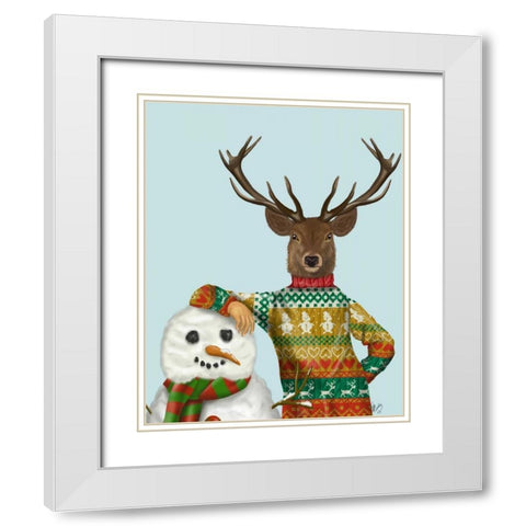 Deer in Christmas Sweater with Snowman White Modern Wood Framed Art Print with Double Matting by Fab Funky