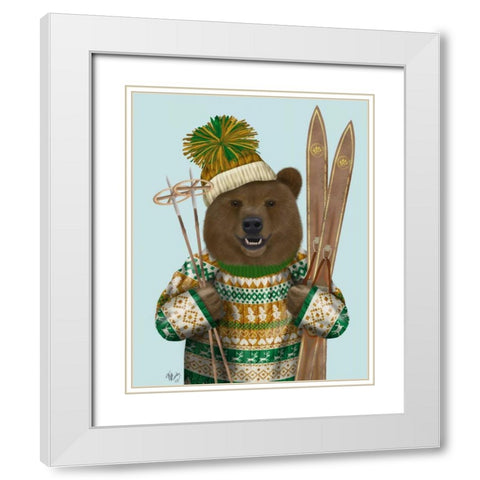 Bear in Christmas Sweater White Modern Wood Framed Art Print with Double Matting by Fab Funky
