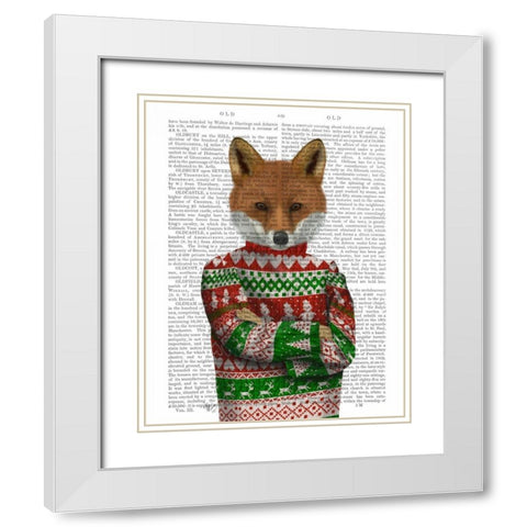 Fox in Christmas Sweater White Modern Wood Framed Art Print with Double Matting by Fab Funky