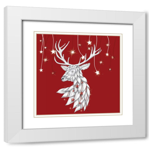 White Deer and Hanging Stars White Modern Wood Framed Art Print with Double Matting by Fab Funky