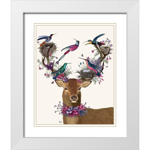 Deer Birdkeeper, Tropical Bird Nests White Modern Wood Framed Art Print with Double Matting by Fab Funky