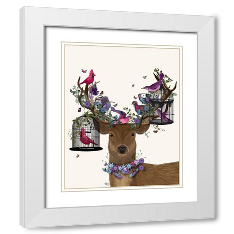 Deer Birdkeeper, Tropical Bird Cages White Modern Wood Framed Art Print with Double Matting by Fab Funky