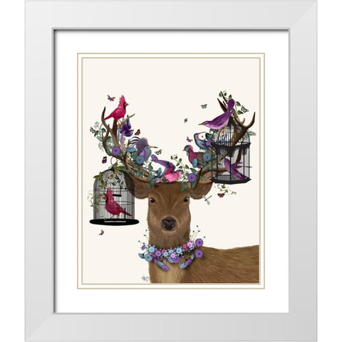 Deer Birdkeeper, Tropical Bird Cages White Modern Wood Framed Art Print with Double Matting by Fab Funky