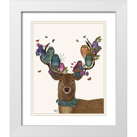 Deer Birdkeeper, Owls White Modern Wood Framed Art Print with Double Matting by Fab Funky