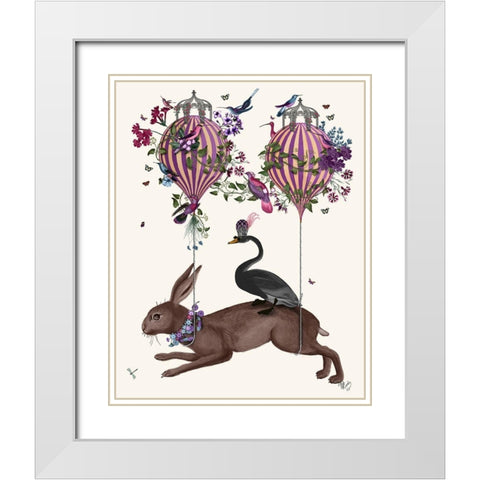 Hare Birdkeeper, Hot Air Balloon White Modern Wood Framed Art Print with Double Matting by Fab Funky
