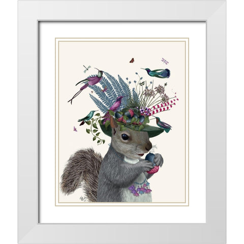 Squirrel Birdkeeper and Blue Acorns White Modern Wood Framed Art Print with Double Matting by Fab Funky