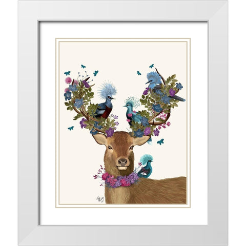 Deer Birdkeeper, Blue Pigeons White Modern Wood Framed Art Print with Double Matting by Fab Funky