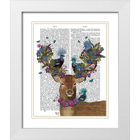 Deer Birdkeeper, Blue Pigeons White Modern Wood Framed Art Print with Double Matting by Fab Funky