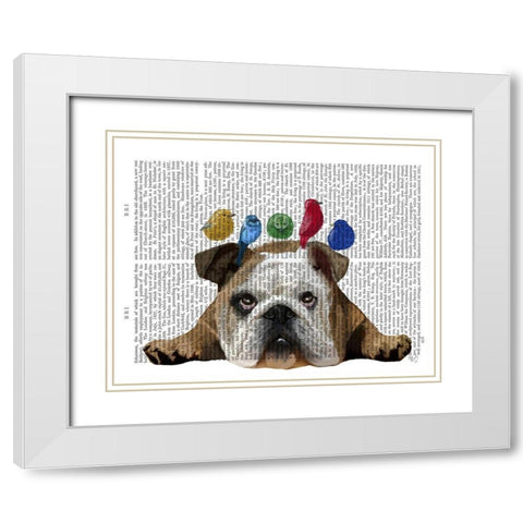 English Bulldog and Birds White Modern Wood Framed Art Print with Double Matting by Fab Funky
