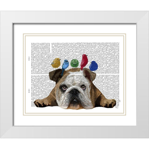 English Bulldog and Birds White Modern Wood Framed Art Print with Double Matting by Fab Funky