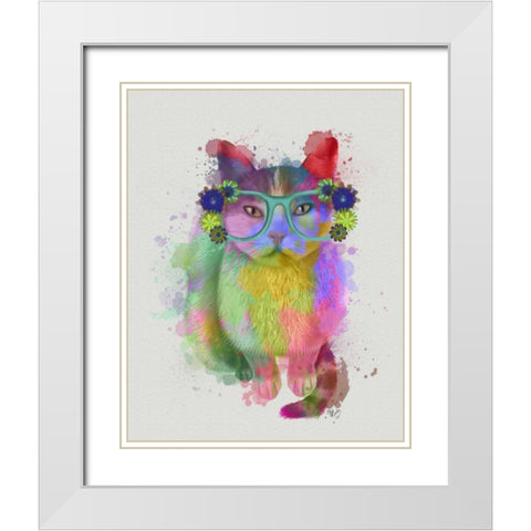 Cat Rainbow Splash 6 White Modern Wood Framed Art Print with Double Matting by Fab Funky