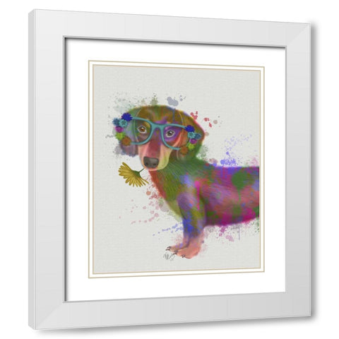 Dachshund And Glasses Rainbow Splash White Modern Wood Framed Art Print with Double Matting by Fab Funky
