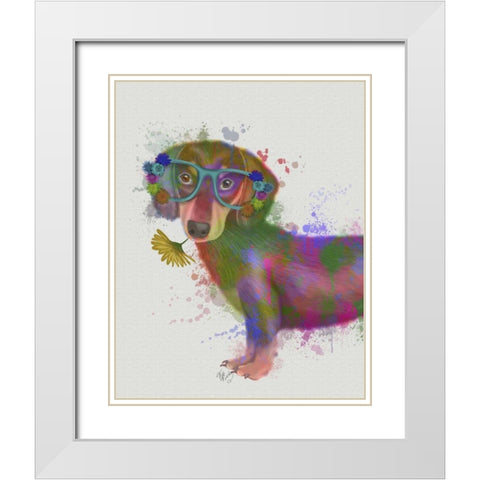 Dachshund And Glasses Rainbow Splash White Modern Wood Framed Art Print with Double Matting by Fab Funky
