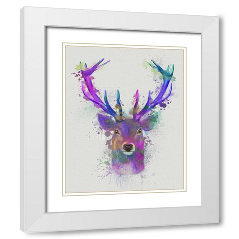 Deer Head 1 Rainbow Splash Pink and Purple White Modern Wood Framed Art Print with Double Matting by Fab Funky