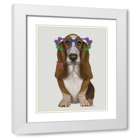 Basset Hound Flower Glasses White Modern Wood Framed Art Print with Double Matting by Fab Funky