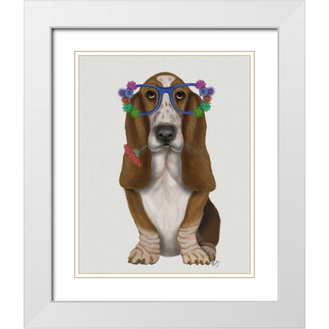 Basset Hound Flower Glasses White Modern Wood Framed Art Print with Double Matting by Fab Funky