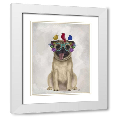 Pug and Flower Glasses White Modern Wood Framed Art Print with Double Matting by Fab Funky
