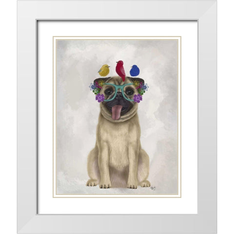 Pug and Flower Glasses White Modern Wood Framed Art Print with Double Matting by Fab Funky