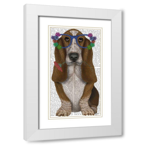 Basset Hound Flower Glasses White Modern Wood Framed Art Print with Double Matting by Fab Funky