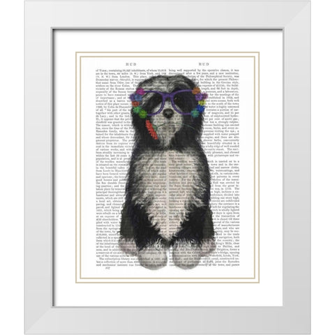 Tibetan Terrier Flower Glasses White Modern Wood Framed Art Print with Double Matting by Fab Funky