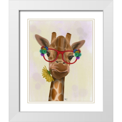 Giraffe and Flower Glasses 3 White Modern Wood Framed Art Print with Double Matting by Fab Funky