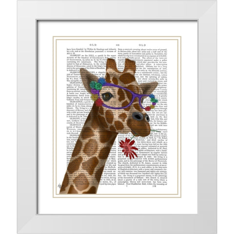 Giraffe and Flower Glasses 2 White Modern Wood Framed Art Print with Double Matting by Fab Funky
