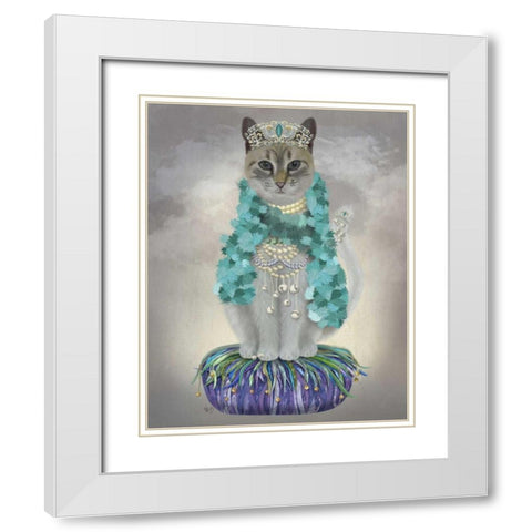 Grey Cat With Bells, Full White Modern Wood Framed Art Print with Double Matting by Fab Funky