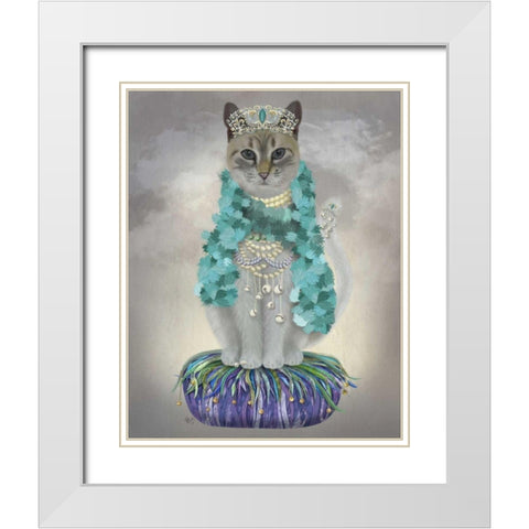 Grey Cat With Bells, Full White Modern Wood Framed Art Print with Double Matting by Fab Funky