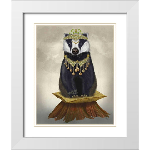 Badger with Tiara, Full White Modern Wood Framed Art Print with Double Matting by Fab Funky