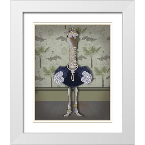 Ostrich and Pearls, Full White Modern Wood Framed Art Print with Double Matting by Fab Funky
