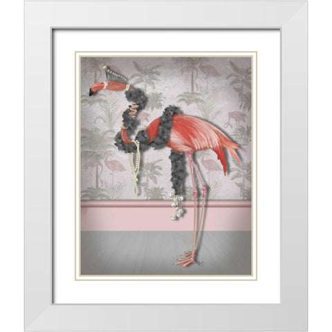 Flamingo and Pearls, Full White Modern Wood Framed Art Print with Double Matting by Fab Funky