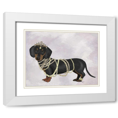 Dachshund and Pearls White Modern Wood Framed Art Print with Double Matting by Fab Funky