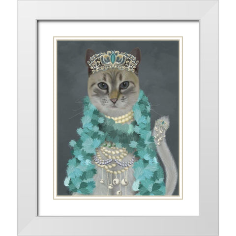 Grey Cat With Bells, Portrait White Modern Wood Framed Art Print with Double Matting by Fab Funky