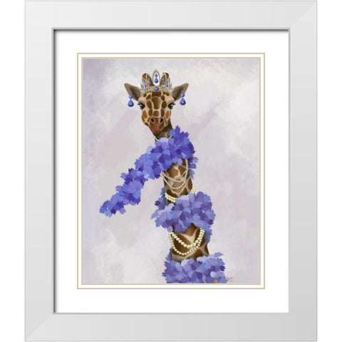 Giraffe with Purple Boa White Modern Wood Framed Art Print with Double Matting by Fab Funky