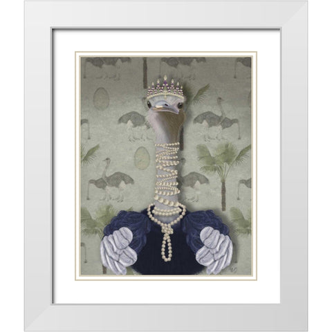 Ostrich and Pearls, Portrait White Modern Wood Framed Art Print with Double Matting by Fab Funky