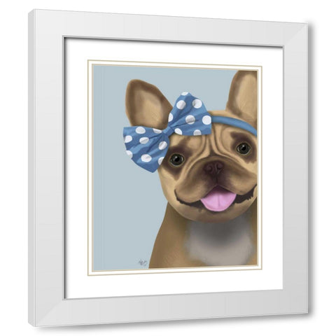 French Bulldog and Blue Bow White Modern Wood Framed Art Print with Double Matting by Fab Funky