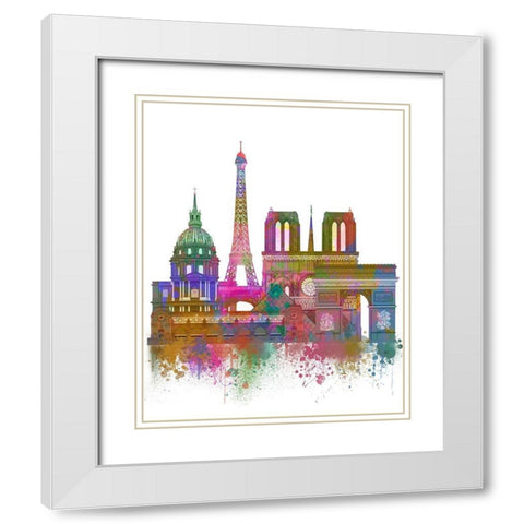Paris Skyline Rainbow Bright  White Modern Wood Framed Art Print with Double Matting by Fab Funky