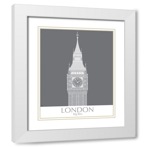 London Big Ben MonoChrome White Modern Wood Framed Art Print with Double Matting by Fab Funky